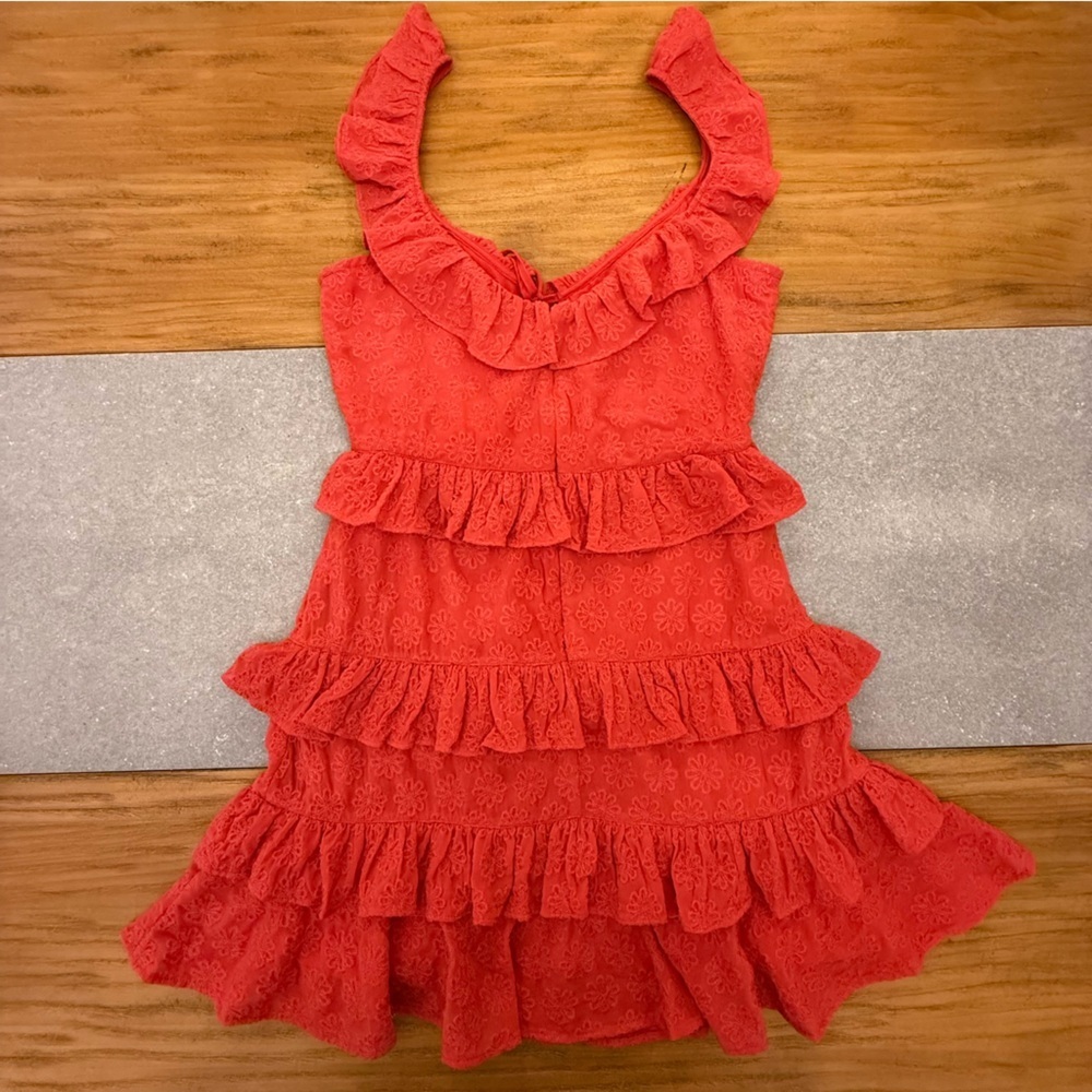 Lovers + Friends Dean Mini Dress Tomato Red Eyelet Tiered Ruffle Small - Picture 3 of 14